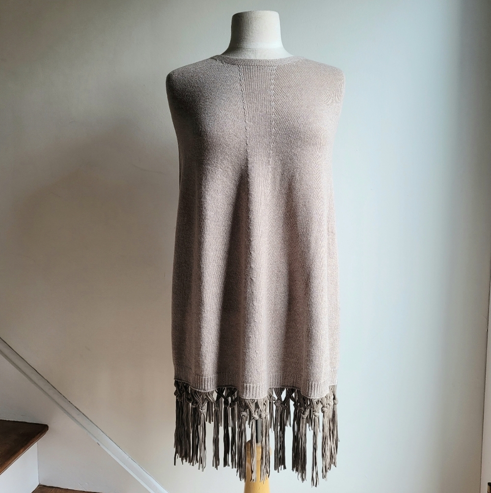 NWT Wool Cashmere Light Brown Knit Fringe Poncho Shawl O/S